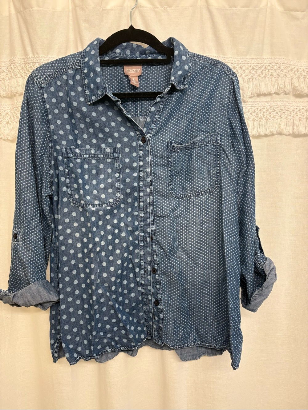 Chico's Mixed Polka Dot Denim Shirt in Blue